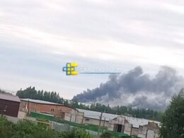 russian warehouse built hold 120 million items burning east moscow region · post smoke drifts over warehouses khryastovo vladimir oblast russia following ukrainian fp-1 drone strike wildberries logistics hub 3