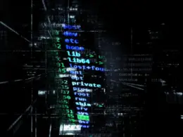 Abstract illustration of computer code and binary numbers glowing blue and green against a dark background.