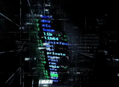 Abstract illustration of computer code and binary numbers glowing blue and green against a dark background.