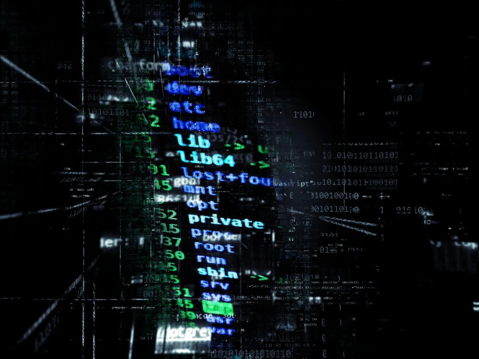 Abstract illustration of computer code and binary numbers glowing blue and green against a dark background.
