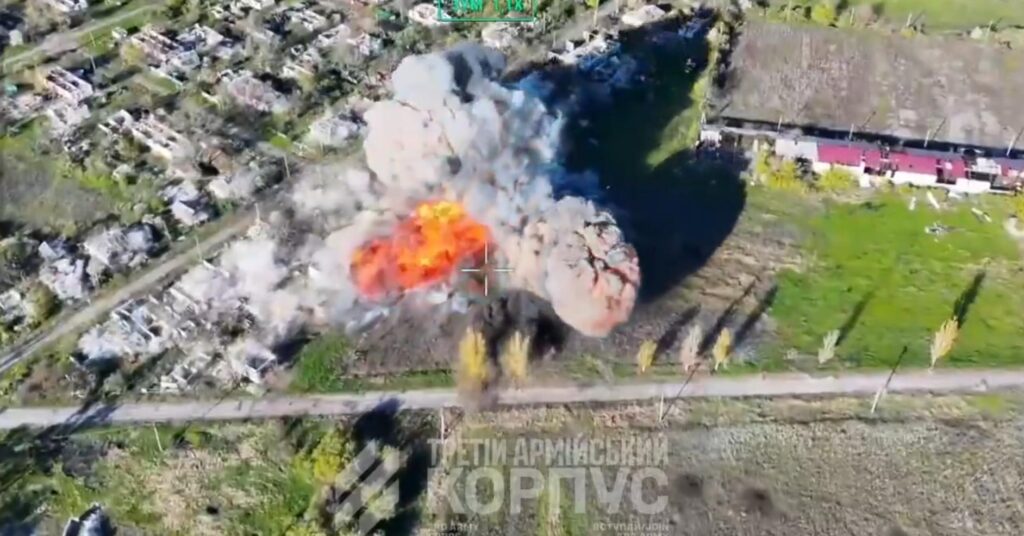 A BTR-60 converted into a vehicle-borne improvised explosive device detonating against a Russian position north of Lyman