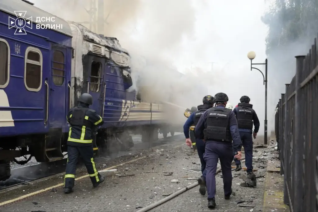Damaged locomotive of the Kyiv–Warsaw passenger train at Yahodyn station after a Russian drone strike on 13 September 2026. The train was hit approximately two kilometres from the Polish border; passengers had been evacuated 15 minutes earlier and no one was injured. Photo: Ukrzaliznytsia / State Emergency Service of Ukraine (DSNS Volyn)