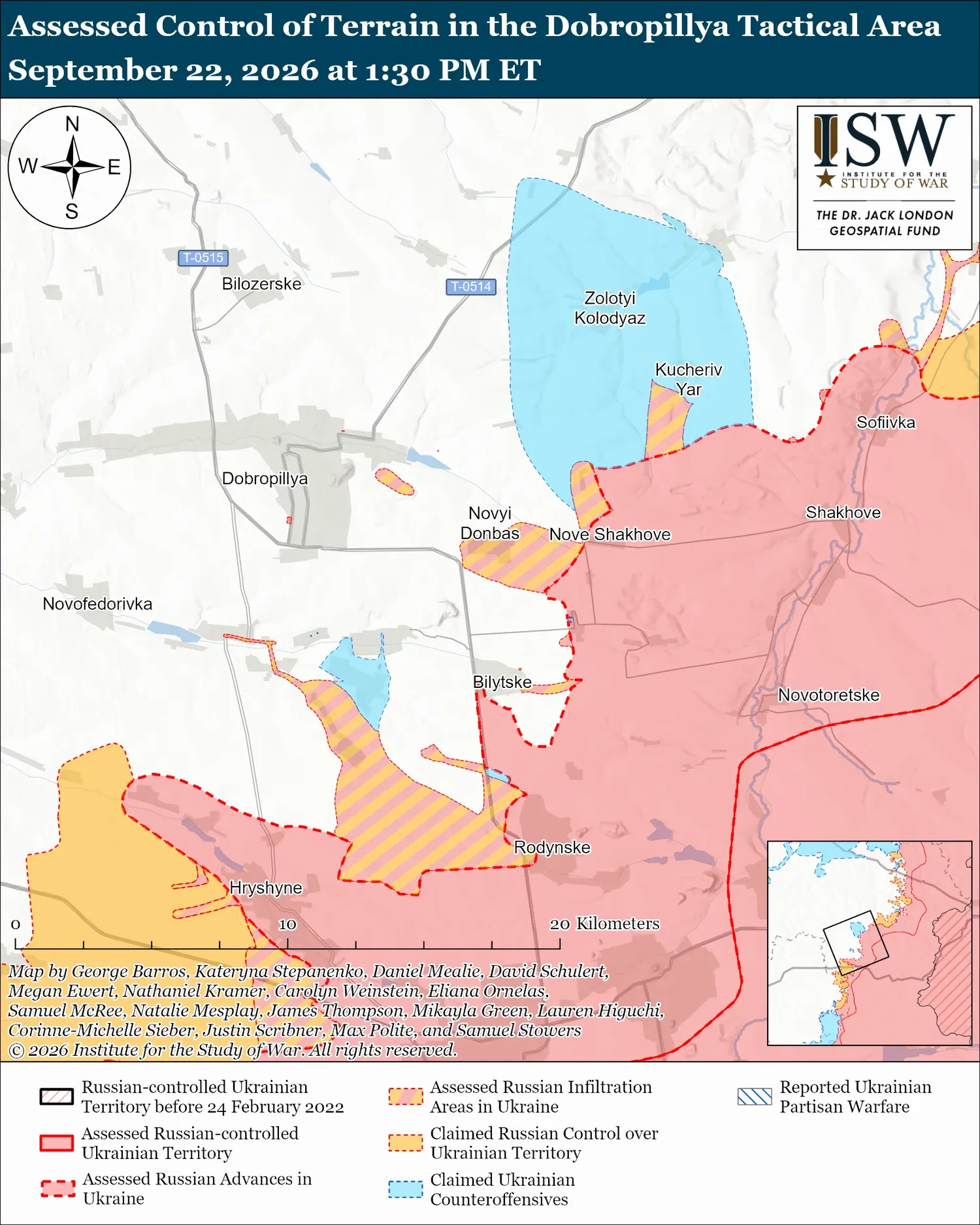 Map of Dobropillia and nearby towns, with Russian-controlled territory shaded pink mainly to the east and south, striped areas marking Russian infiltration, and blue areas marking claimed Ukrainian counteroffensives. Dobropillia is not shown as encircled.