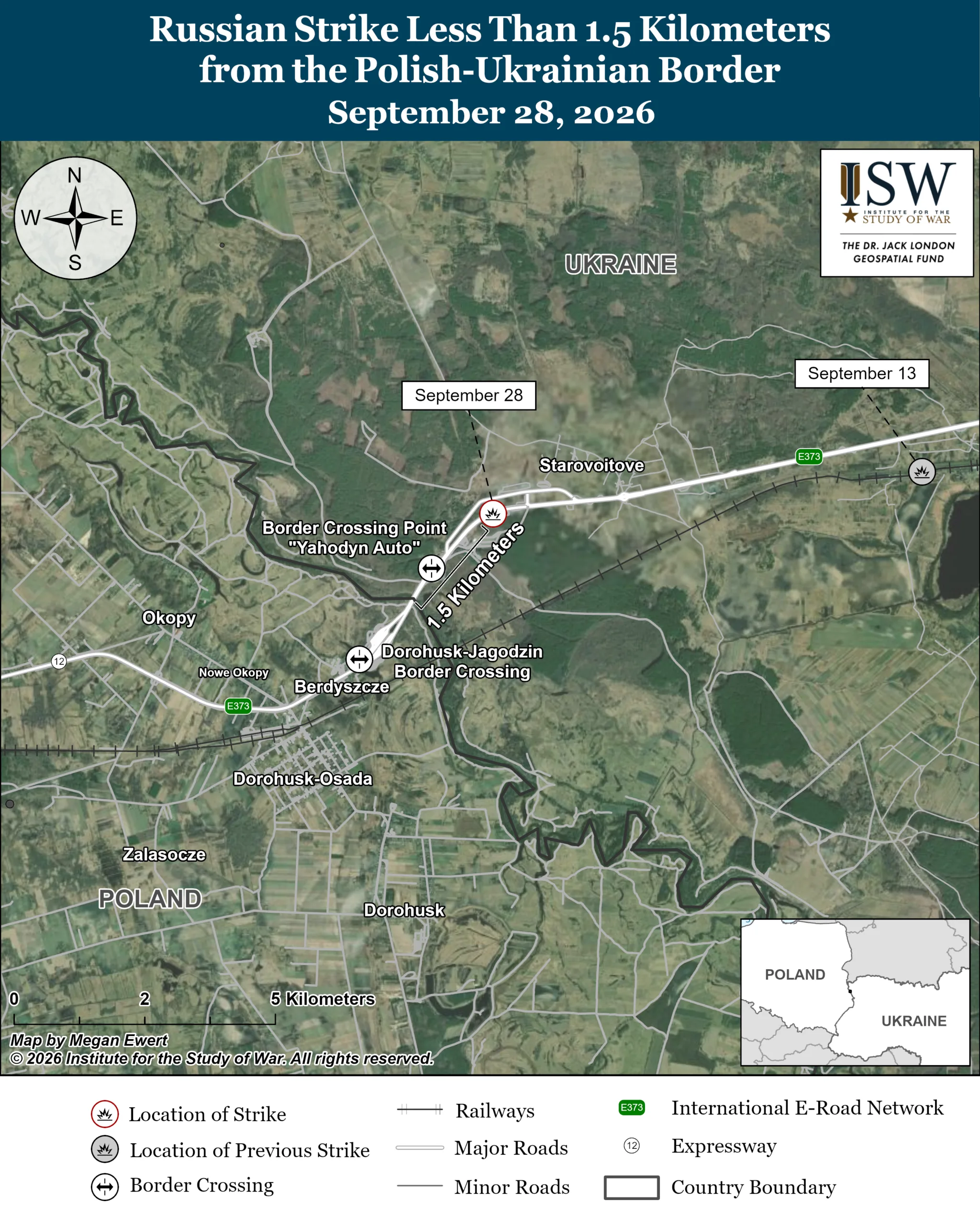 A map showing the 1.5-kilometer distance between the site of the Russian strike on 18 September and the Yahodyn Auto border crossing. Map: Institute for the Study of War
