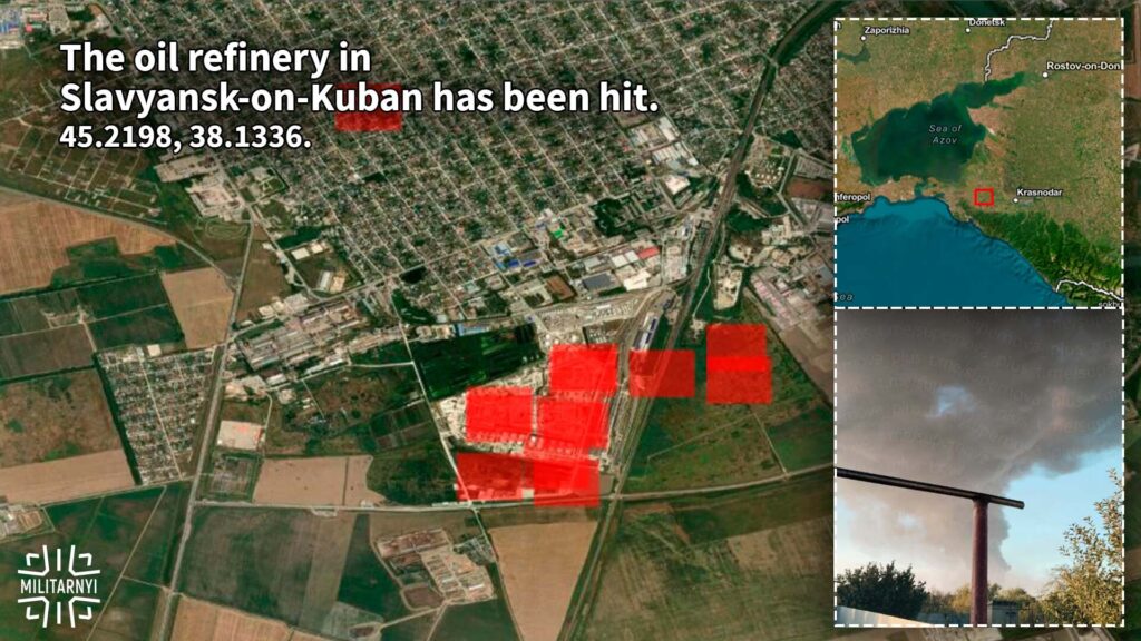 Fire broke out at the oil refinery in Slavyansk-on-Kuban following an attack by Ukrainian drones on September 13, 2026. Analysis by Militarnyi, with an Esri map and NASA FIRMS data
