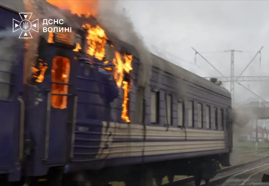 Damaged locomotive of the Kyiv–Warsaw passenger train at Yahodyn station after a Russian drone strike on 13 September 2026. The train was hit approximately two kilometers from the Polish border; passengers had been evacuated 15 minutes earlier and no one was injured. Photo: Ukrzaliznytsia / State Emergency Service of Ukraine (DSNS Volyn)