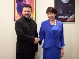 Volodymyr Zelenskyy and Sanae Takaichi at a meeting in New York.