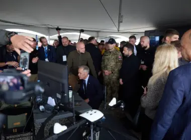 ukrainian drones showcased canada kyiv ottawa broaden defense cooperation · post canadian prime minister mark carney sits drone control station president volodymyr zelenskyy looks during presentation calgary 10 2026 joint