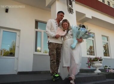 kyiv couple marries after russian strike ruins home · post liudmyla leonid ryzhak married 8 2026 hours hit warehouse across street blast wave left apartment uninhabitable ap video ukraine news