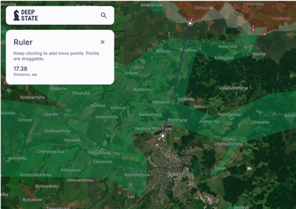 Approximate visualization of Censor.NET’s reported 17 km distance from the DeepState frontline toward Sumy. Map: DeepState / Chart: Euromaidan Press