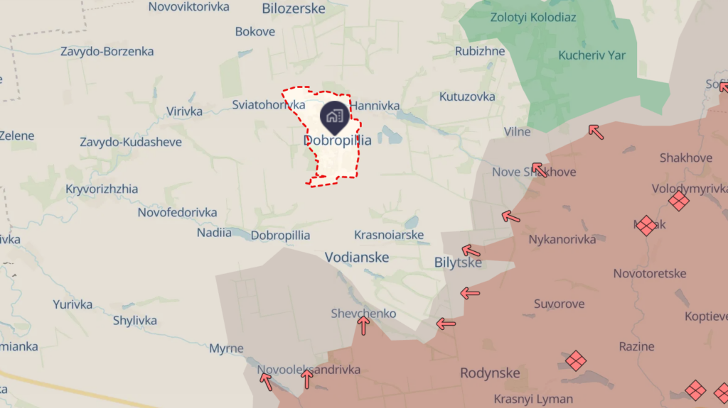 The city of Dobropillia in Donetsk Oblast and Russian forces advancing toward it on the DeepState analytical project's map on 14 September 2026. Screenshot from the DeepState map