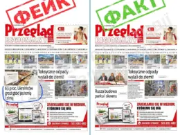 Side-by-side comparison of a fabricated Polish newspaper front page claiming 63% of Ukrainians face hunger and the genuine front page without the claim.