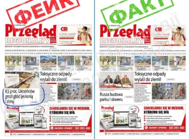 Side-by-side comparison of a fabricated Polish newspaper front page claiming 63% of Ukrainians face hunger and the genuine front page without the claim.