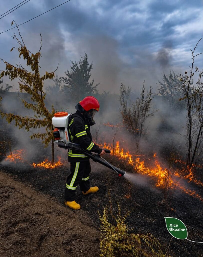 A firefighter works a forest fire line with a backpack sprayer in Ukraine, September 2026