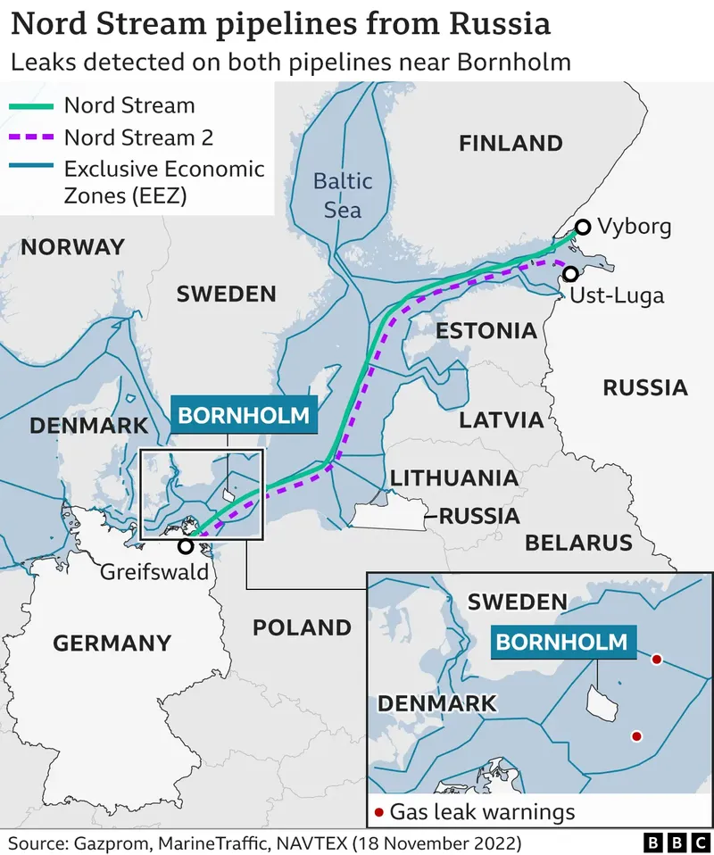 BBC map outlining the Nordstream 2 pipeline and where the sabotage might have taken place