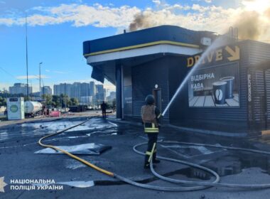 russian drones killed man injured eight kyiv hitting two gas stations · post firefighter extinguishes burning shop ukrnafta station struck drone ukraine 15 2026 police5280922930982363336 news ukrainian reports