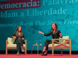 Sanna Marin speaks at Book 2.0 event in Lisbon, Portugal. Lisbon, 16 September 2026, days after a Russian drone hit a train travelling beside hers on the way back from Kyiv. Photo: Alexander Price