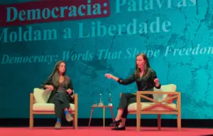 Sanna Marin speaks at Book 2.0 event in Lisbon, Portugal. Lisbon, 16 September 2026, days after a Russian drone hit a train travelling beside hers on the way back from Kyiv. Photo: Alexander Price