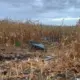 Scattered debris and a scorched patch of ground in a cornfield beneath a cloudy sky.