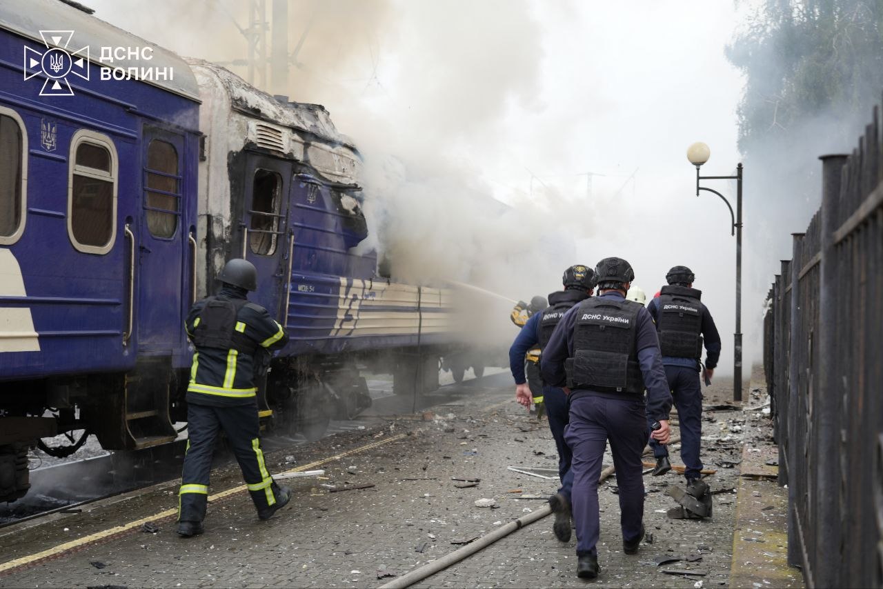 Emergency responders work at the scene after a Russian drone struck a passenger train in Lutsk, Ukraine, on 12 September 2026. Photo: Ukraine's State Emergency Service