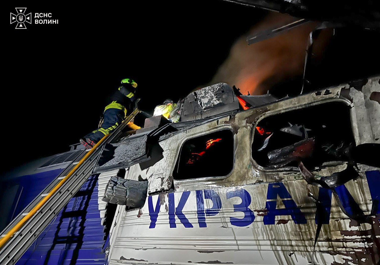 A locomotive damaged by a Russian strike on railway infrastructure in Ukraine’s Volyn Oblast near the Polish border, 15 September 2026. Photo: Ukraine's State Emergency Service