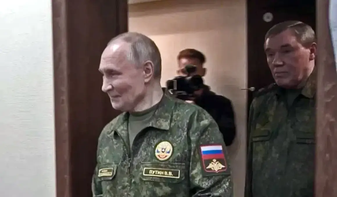 Vladimir Putin walks through a doorway in a military uniform, followed by Russian Chief of the General Staff Valery Gerasimov.