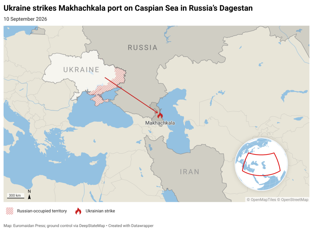 Ukraine strikes Makhachkala port on Caspian Sea in Russia’s Dagestan, 10 September 2026. Map: Euromaidan Press