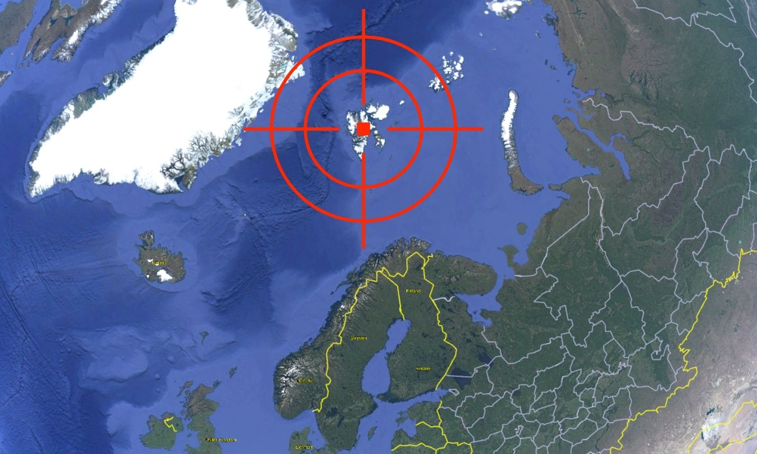 Svalbard in the crosshairs on a map. Collage: Euromaidan Press
