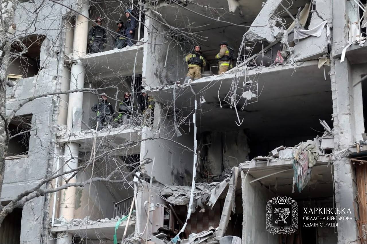 russia hits kharkiv high-rise overnight injuring 43 people strikes central kyiv dnipro broad daylight · post rescuers destroyed floors apartment building hit ukraine 28 2026 synehubov5319173733626879672 news ukrainian reports