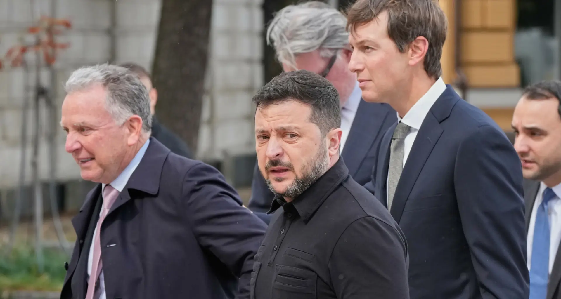 Ukraine's President Volodymyr Zelenskyy, center, and U.S. President Donald Trump's envoys Jared Kushner, right, and Steve Witkoff, left, walk prior to their talks in Kyiv, Ukraine, Sunday, Sept. 6, 2026. (AP Photo/Efrem Lukatsky)
