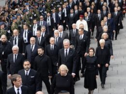 one russian drone held up seven flights moldova zelenskyy's trip norway king harald v's funeral among · post zelenskyy walking other heads state dignitaries behind coffin v central oslo 9