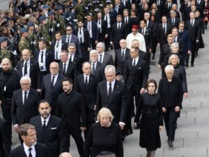 one russian drone held up seven flights moldova zelenskyy's trip norway king harald v's funeral among · post zelenskyy walking other heads state dignitaries behind coffin v central oslo 9