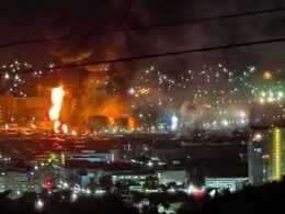 ukraine reported hitting warships oil-shipping terminal where local authority only fires falling debris · post fire port novorossiysk russia 9 2026 пожежа в порту новоросійська вересня джерело exilenova+ news ukrainian