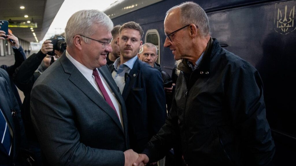 mr putin put end senseless war merz kyiv €1 billion military aid · post ukrainian foreign minister andrii sybiha greets german chancellor friedrich arrival 4 2026 мерц у києві жовтня