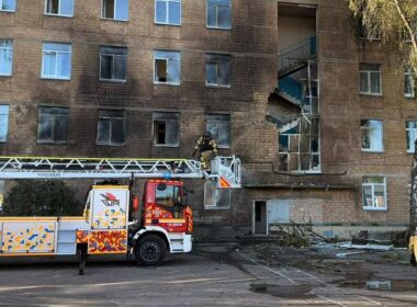 A damaged school in Kyiv following a Russian attack.