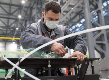 A worker at the Kronstadt UAV production plant in Dubna.