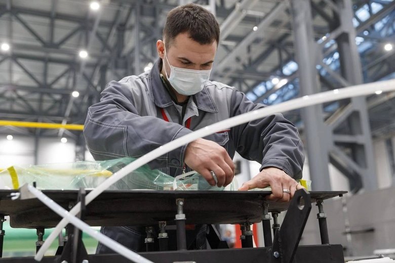 A worker at the Kronstadt UAV production plant in Dubna.