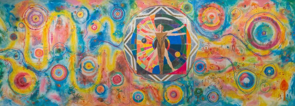 A section of Petro Antyp’s painting Cosmogony before a Russian drone attack on Lutsk on 13 October 2026. Photo: Korsaks Museum of Contemporary Ukrainian Art/Facebook