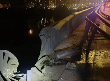Damage on the Southern bridge in Kyiv after Russian Shahed drone strikes, 2 October 2026