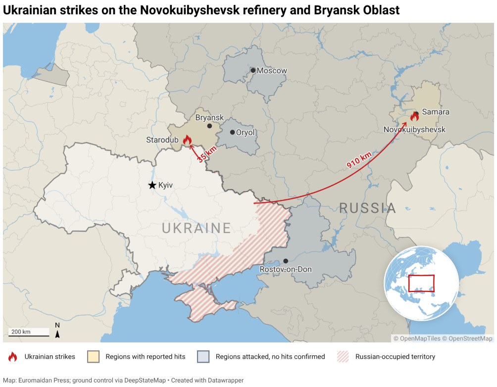 Map showing the Novokuibyshevsk refinery in Samara Oblast, about 910 km from the front line, and Starodub in Bryansk Oblast