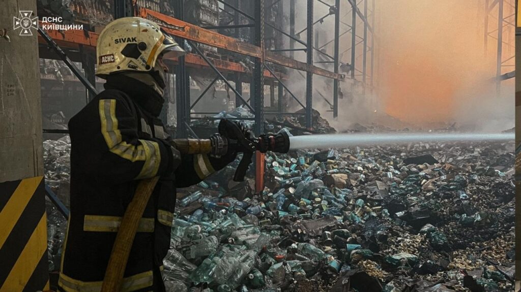just power plants russia’s drones also went after warehouses groceries hardware chain · post firefighter puts out fire warehouse burned food drink stock hit russian attack bucha district kyiv oblast