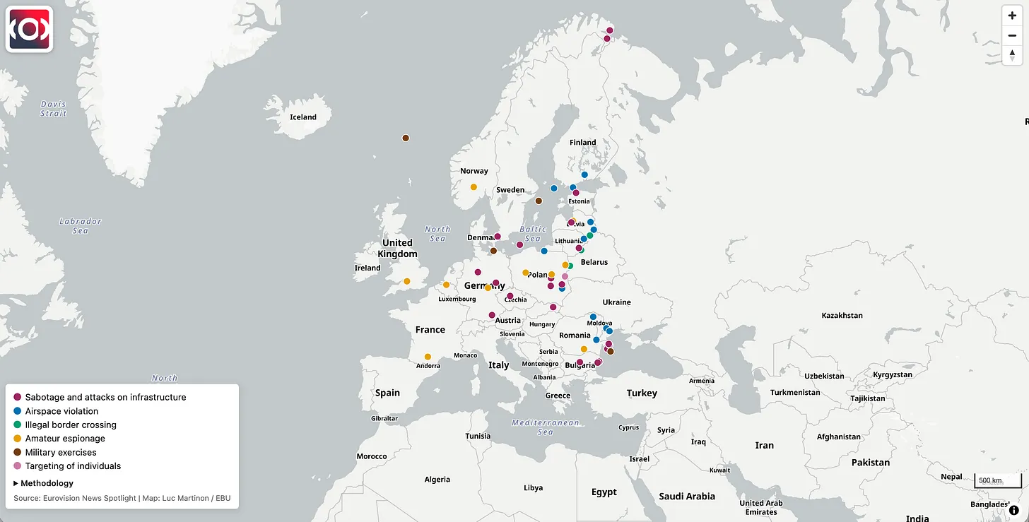 Physical hybrid incidents linked to Russia in 17 European countries, 1 April to 15 October 2026; many points stand for clusters of incidents. Map: Luc Martinon/ EBU, Eurovision News Spotlight